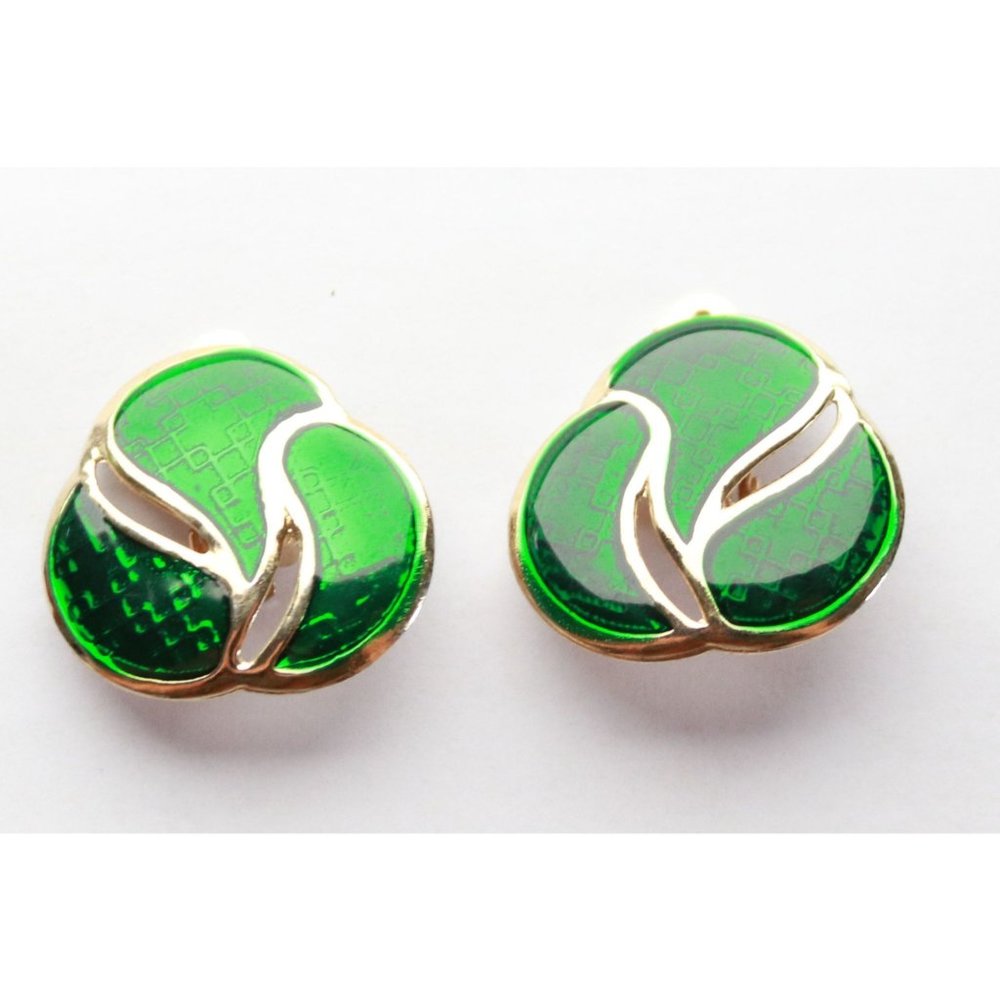 Vintage Festive Emerald Green or Bright Forest Green Gold Tone Knot Shaped Trian